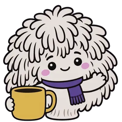 Mani, petit Lion's Mane à écharpe violette, fait coucou une tasse de café à la main