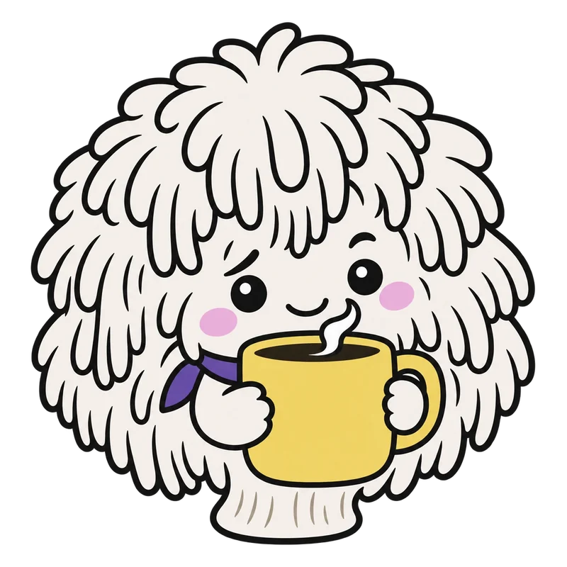 Mani, petit champignon Lion's Mane à crinière blanche, tenant une tasse jaune