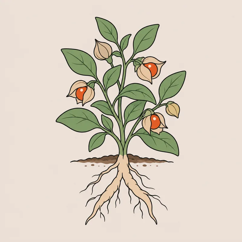 Illustration : plant d'ashwagandha avec ses baies orange