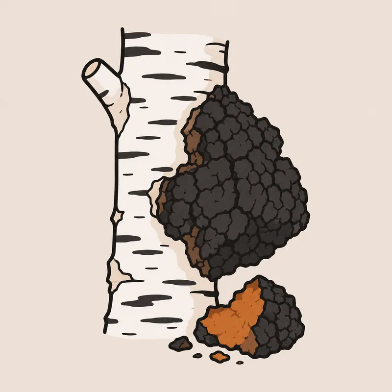 Illustration : Chaga noir sur un tronc de bouleau