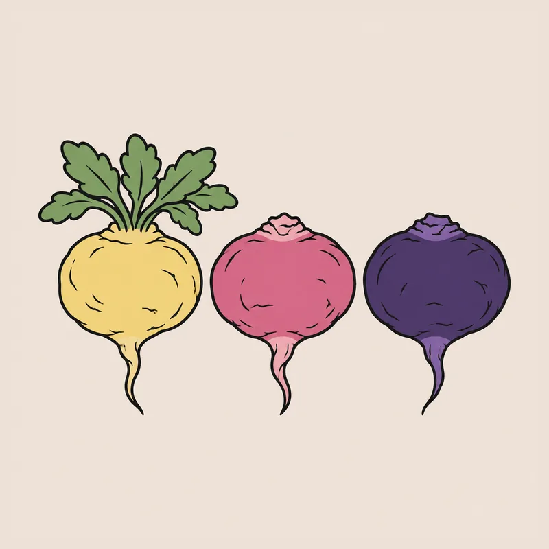 Illustration : trois racines de maca, jaune, rose et violette